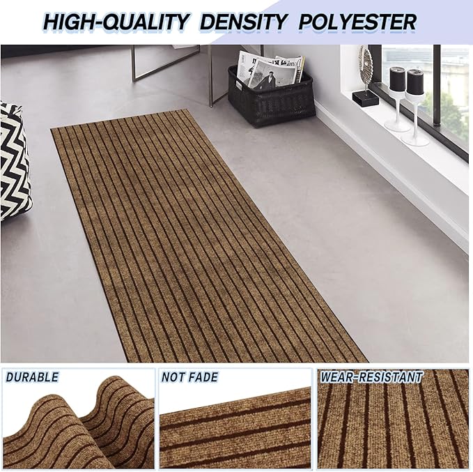 Custom Size Backed Non-Slip Area Rugs Runner, Easy Clean, Waterproof Runner Rugs for Hallway Entryway, Kitchen, Laundry, 2FT x 71FT, Brown Stripe