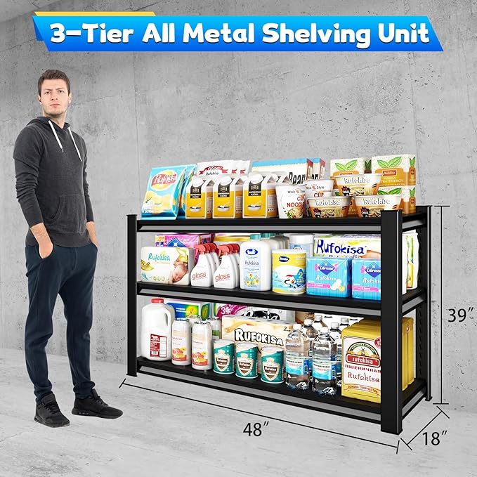 3-Tier Garage Shelving Heavy Duty，48" W Metal Shelving Unit for Garage, 1650 lbs Load Capacity Utility Rack Shelves＆ Garage Shelves, 48”W x 18”D x 39”H(Black)