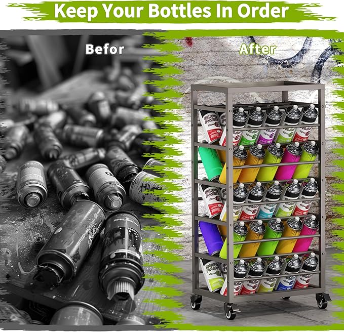 50 Spray Paint Storage Holder, Rolling Spray Can Storage Rack, Heavy Duty Paint Aerosol Can Organizer, Lube Can Holder Cart, Lube Bottle Organizer Rack for Garage,Shop, Craft Workroom