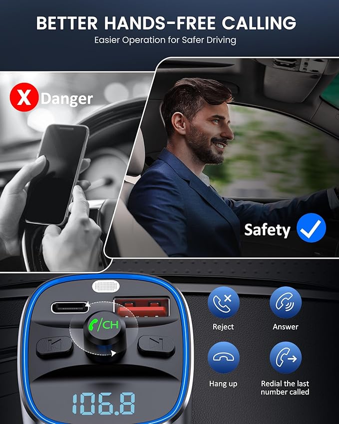 LENCENT Bluetooth 5.4 FM Transmitter Car Adapter 48W [PD 30W & 18W] [7 Color Light] [Fast Charging] Wireless Radio Music Adapter Hands-Free Calling, Support USB Drive & TF Card