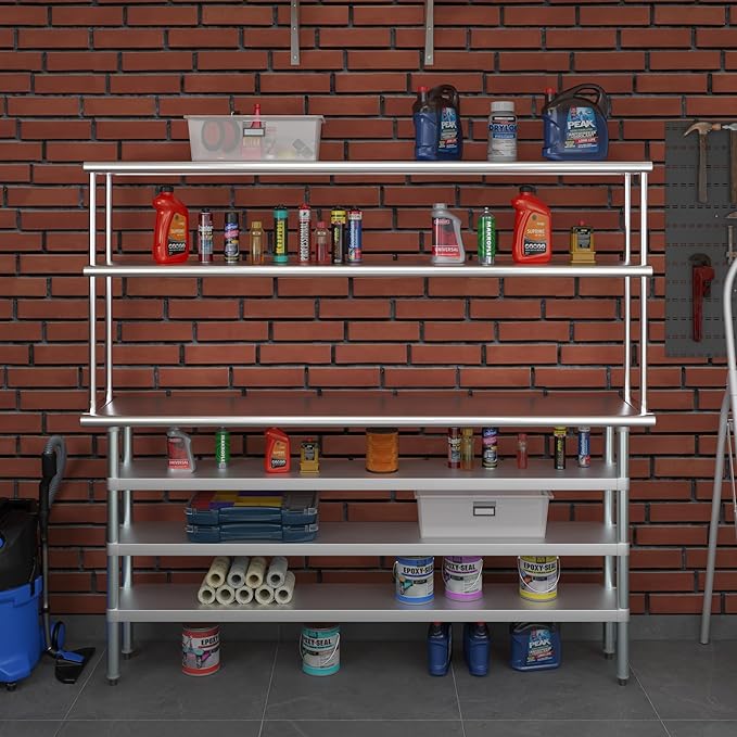 Amgood 14" x 72" Stainless Steel Work Table with 3 Shelves and 12" Wide Double Tier Overshelf | Metal Kitchen Prep Table & Shelving Combo | NSF