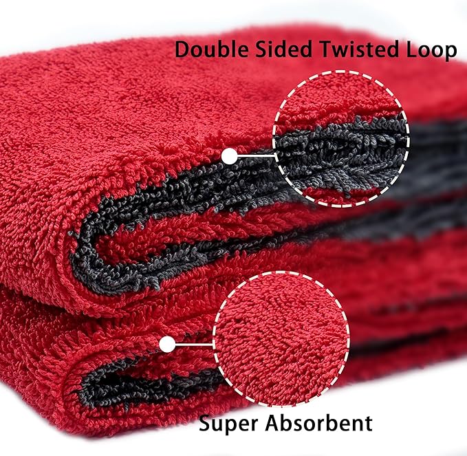LIVOS Car Drying Towel, Premium Microfiber Towels for Cars, 1000GSM, Edgeless Twisted Loop Design, No Streaks, Scratches, or Water Spot, Absorbent Wash Towel, 18" x 24" (Red&Grey)