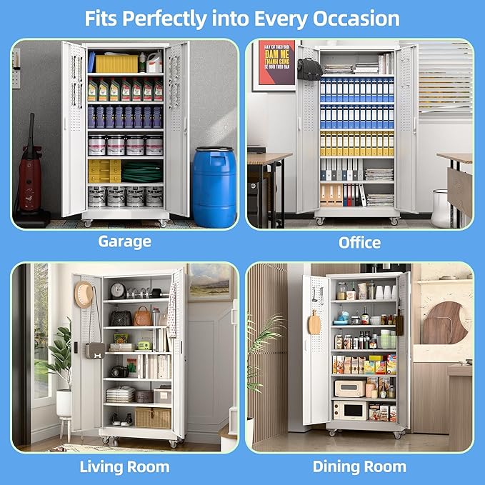 Garage Storage Cabinet with Pegboard and 5 Adjustable Shelves, 71'' x 32'' x 16''Metal Lockable Cabinet with Magnetic Doors,Tool Storage,Home Office Garage,Gym,School(White)