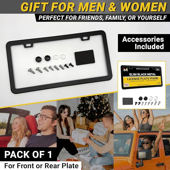 Premium Slim Matte Black License Plate Frame – 1 Pack, Rust-Free Stainless Steel & Rattle-Free, Street Legal, Universal with Screw Covers, Thin Edged Metal Front or Rear Car Tag Holder for Men & Women