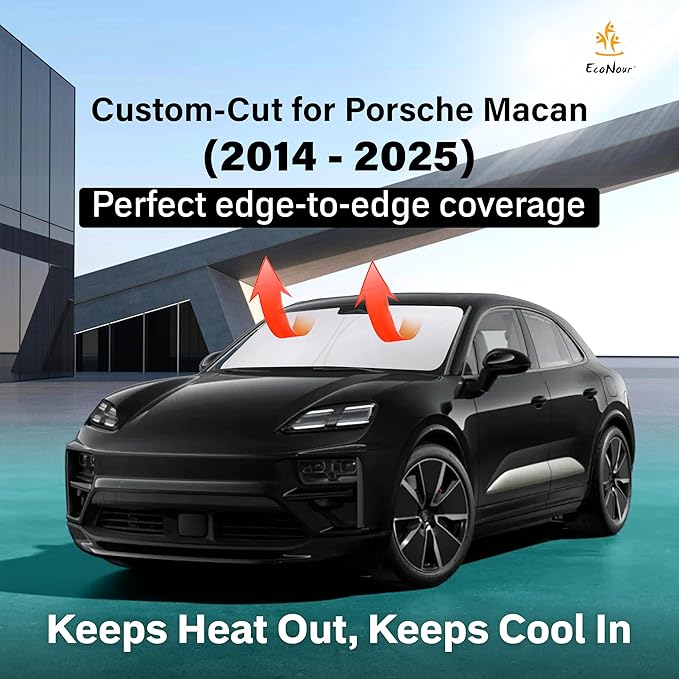 EcoNour Windshield Sun Shade Compatible for Porsche Macan (2014–2025) | Front Window Shade for Compact Luxury SUV | 4-Layer, 240T Sunshade Accessories | UV & Heat Blocker for Macan Windshield