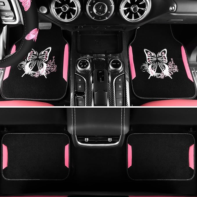 CAR PASS Pink Leather & Gaberdine Butterfly Car Seat Covers Full Set with Waterproof Car Floor Mats and Embroidered Butterflies Steering Wheel Cover for Interior Sets ((Black & Pink)