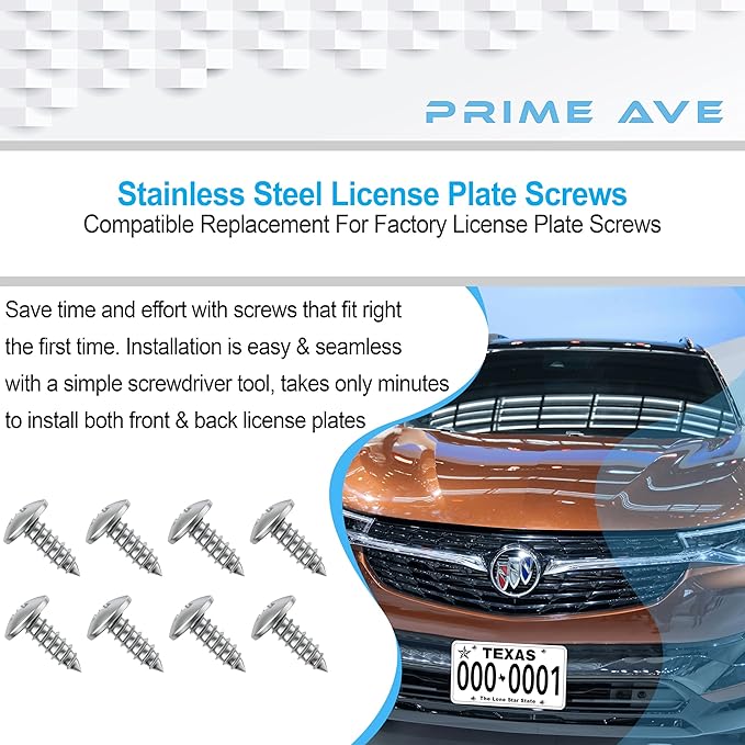 Stainless Steel License Plate Screws for License Plates, Frames, Covers - Rust Proof Licence Plate Screw Set for Front/Rear Compatible with Buick Cadillac Chevrolet GMC