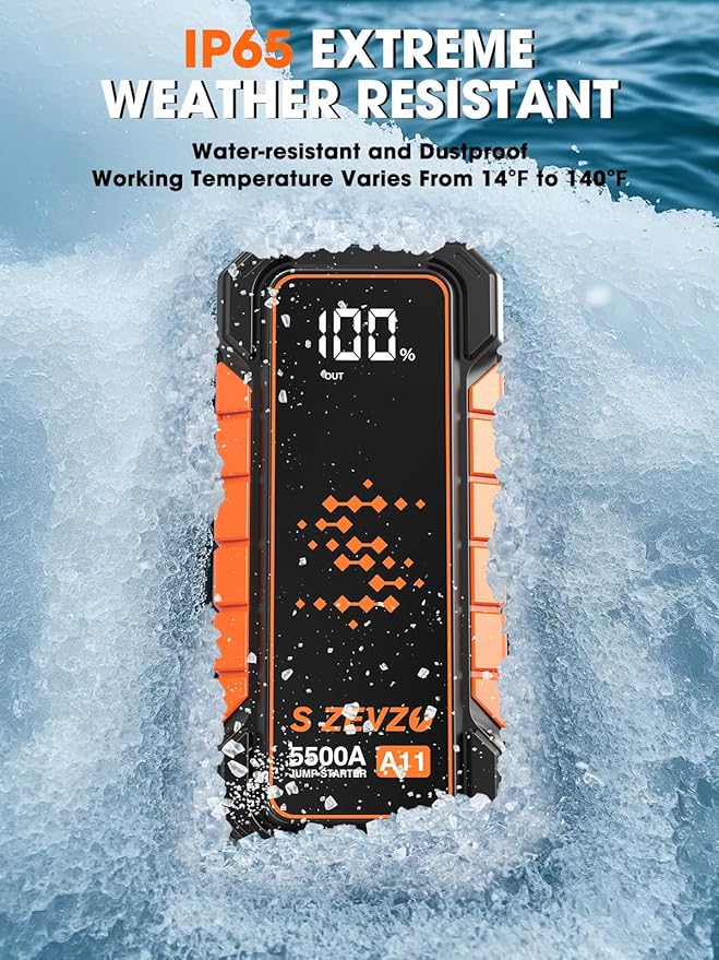 S ZEVZO A11 5500A Car Battery Jump Starter, 88.8Wh Battery Jumper Starter Portable (All Gas & 10.0L Diesel Engines) 12V Lithium Jump Box with LCD Display, 3 Modes Flashlight, USB Quick Charge and Case