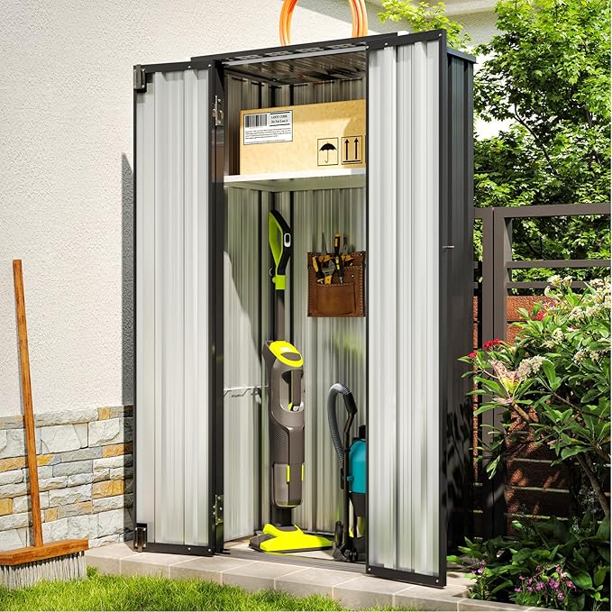 Aoxun 31x19 in Outdoor Storage Cabinet Metal Garden Shed with 2 Adjustable Shelves 3 Layer Indoor& Outdoor Waterproof Vertical Storage Shed for Patio Garden, Garage, Porch (Black, 22 Cu.Ft)
