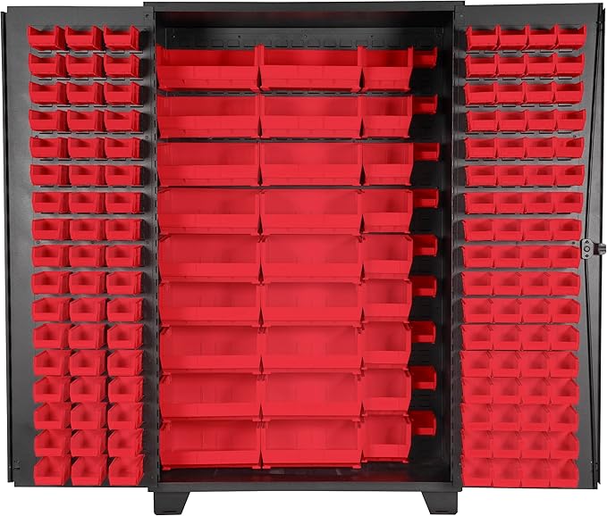 Jamco Tool Storage Cabinets with Bin Mounts, Model DP, Includes 155 Bins, 48-Inch W x 24-Inch D x 78-Inch H, Red Bins
