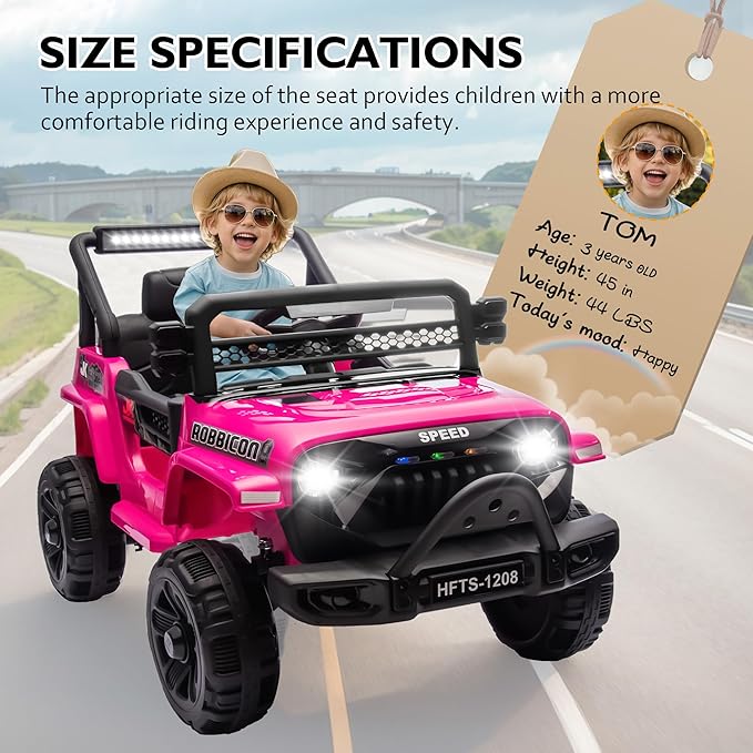 12V Ride on Electric Truck Car for Kids, 12V Kids Electric Vehicles w/Remote Control, Four-Wheel Suspension, USB, Bluetooth, Power Display, Lights, Battery Powered Ride on Toys for Boys Girls (Pink)