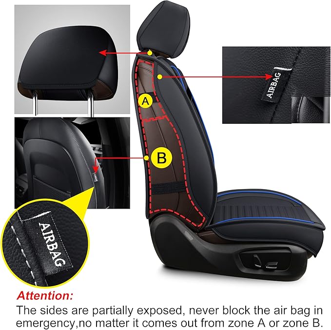 LINGVIDO Car Seat Covers, Breathable and Waterproof Faux Leather Automotive Seat Covers for Cars SUV Truck Sedan,Universal Anti-Slip Seat Cover with Backrest (Front Seat, Black-Blueline)