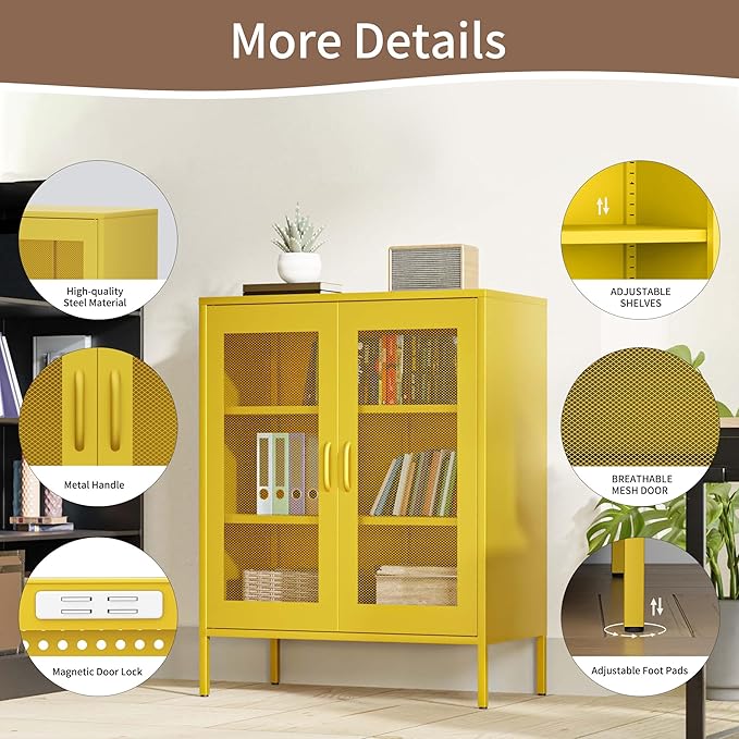 Metal Storage Cabinet with Mesh Doors,Steel Display Cabinet with Adjustable Shelves,Metal Office Storage Locker for Home Office,Garage(Yellow, 40''H)