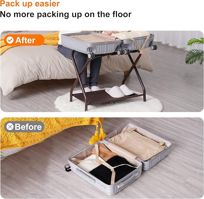 Heybly Luggage Rack, Steel Folding Suitcase Stand with Storage Shelf for Bedroom, Hotel, Foldable Steel Frame, Guest Room Bedroom Hotel, 22.8" L x 11.8" W x 20.9" H, Brown HLR004Z1