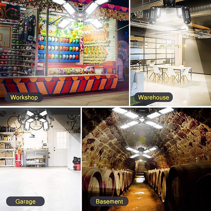LED Garage Light,Super Bright Screw in E26/E27 Ceiling Shop Work Lamp, 200W 20000 Lumen Deformable Basement Bulb Fixture with 8 Adjustable Panels, Lighting for Workshop, Attic