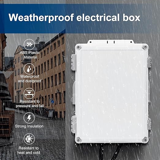 Outdoor Electrical Junction Box, ABS Water Resistant Enclosure with Internal Mounting Panel & Hinged Cover (12.6" H x 9.4" L x 5.7" W)