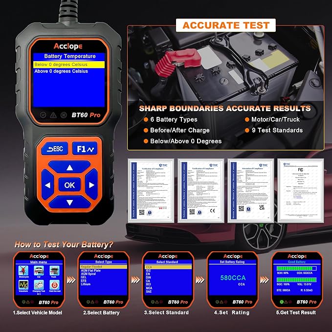 BT60 Pro Acclope Car Battery Tester with Cloud Printing 100-3000 CCA 6V 12V 24V AGM Lithium Gel Battery Checker Automotive Alternator Digital Analyzer Charging Cranking System Vehicles Truck Home-use