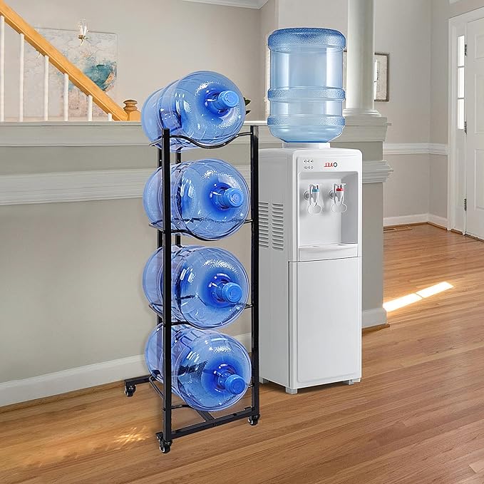 5 Gallon Water Bottle Holder, 4-Tier Heavy Duty Water Cooler Jug Rack, Water Jug Stand with 4 Wheels, Water Jug Rack for Kitchen, Garages - Black