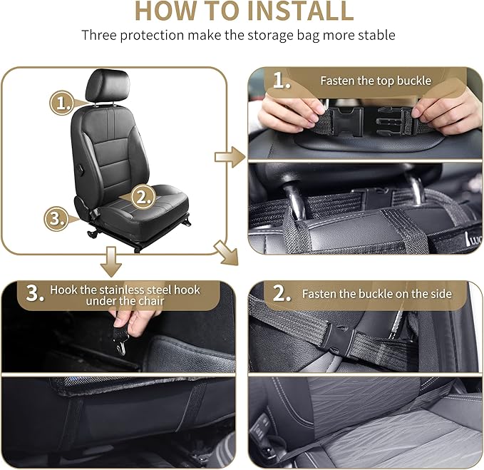 LUCMO Car Backseat Organizer with Tablet Holder,6 Storage Pockets Car Storage Organizer with Foldable Food Tray,Protectors Kick Mats Travel Accessories-Black