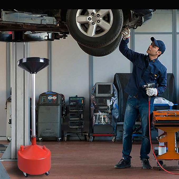 A A IN AA045 8 Gallon Portable Waste Oil Drain,Industrial Fluid Drain Tank with Wheels and Adjustable Funnel Height. Red.