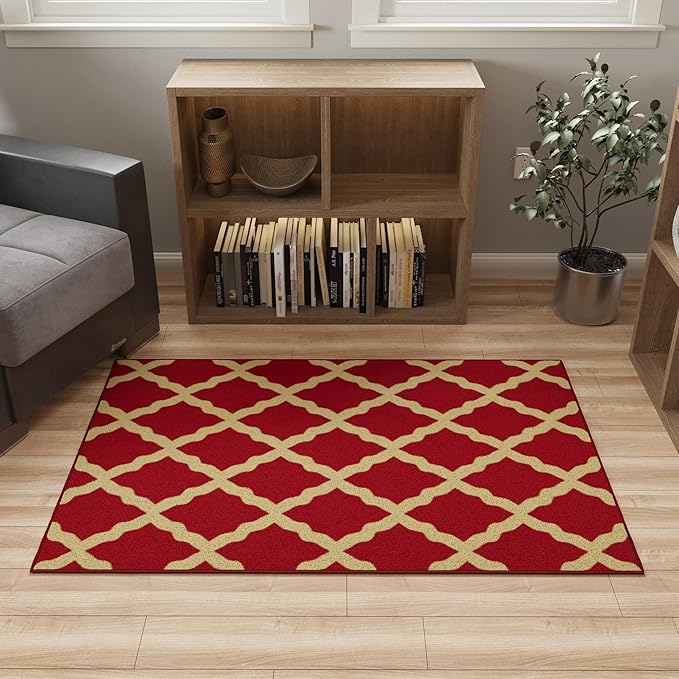 Ottomanson 3'3" x 5' Rugs for Living Room Trellis Area Rug for Bedroom - Non Slip Durable Large Floor Carpet for High Traffic Areas - Indoor Rug for Dining Room Kitchen Kids Playroom, Red