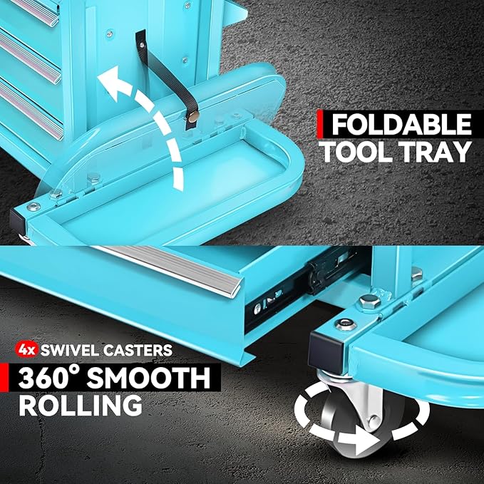 Auto Dynasty 3-Drawer Mechanic Rolling Seat, 350 LBS Capacity Roller Garage Shop Seat with Storage Tool Tray for Workshop, Repair Shop, Warehouse, Sky Blue