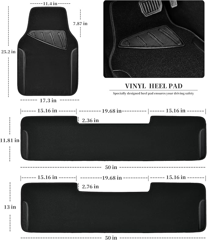 CAR PASS Waterproof Universal Faux Leather 3Row Car Floor Mats, Black Car Mats Fit for SUV,Vans,sedans, Trucks,Set of Vehicles Car Carpet with Driver Heel Pad and Anti-Slip Nibs Backing (Black 3Row)