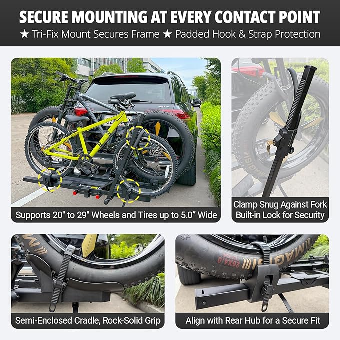 TrailV2 Plus Hitch 2 Ebike Rack with Ramp, Tilt, Fold, Anti-Theft Hitch & Wheel Locks, Heavy Duty 170 lbs Capacity, Fits 2" Receiver, Max 5" Fat Tires, Electric Bike Rack for for Car, SUV, Truck, RV