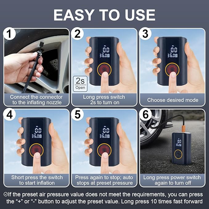 Tire Inflator Portable Air Compressor Cordless Rechargeable Mini Air Pump, with Digital Pressure Gauge & LED Lights, 150PSI Max Tire Pump for Motorcycles Bikes Cars Balls