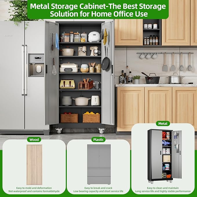 Garage Storage Cabinet with Pegboard and 5 Adjustable Shelves, 71'' x 32'' x 16''Metal Lockable Cabinet with Magnetic Doors,Tool Storage,Home Office Garage,Gym,School (Black-Grey)