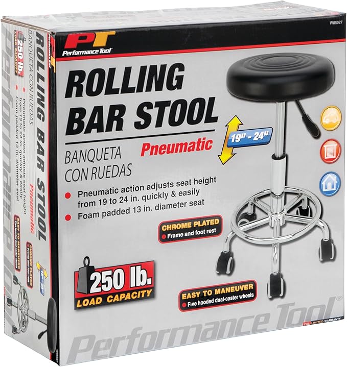 Performance Tool W85027 Adjustable (19 - 24 Inch) Pneumatic Rolling Bar Stool, 250 Lbs Capacity