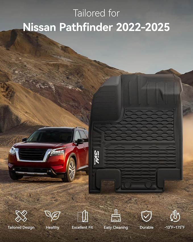 3W Floor Mats for Nissan Pathfinder 2022 2023 2024 2025 (Only fit 7 Passenger Models), 3 Rows,TPE All Weather Protection Car Floor Liners Accessory,Black