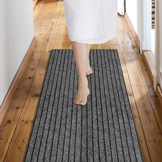Custom Size Backed Non-Slip Area Rugs Runner, Easy Clean, Waterproof Runner Rugs for Hallway Entryway, Kitchen, Laundry, 3FT x 65FT, Gray Stripe