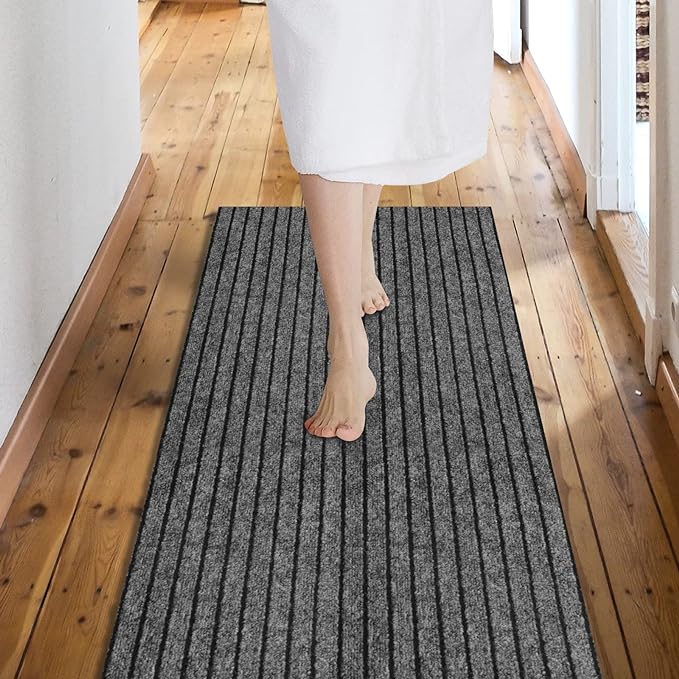 Custom Size Backed Non-Slip Area Rugs Runner, Easy Clean, Waterproof Runner Rugs for Hallway Entryway, Kitchen, Laundry, 3FT x 9FT, Gray Stripe