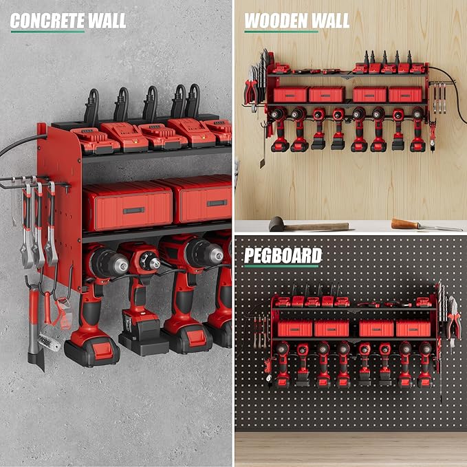 Suchtale Power Tool Organizer with Charging Station,33.2" Garage 8 Drill Holders Wall Mount,3 Layers Heavy Duty Metal Tool Shelf Built in 8 Outlets Power Strip, Gift for Men, Father, Red