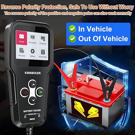 KINGBOLEN BM520 6V 12V 24V Car Battery Tester, 100-2000 CCA Automotive Load Tester Accurate Digital Auto Battery Analyzer Cranking and Charging System Tester for Cars Trucks SUV Motorcycle