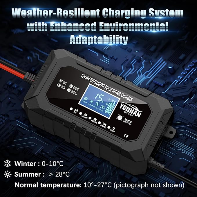 YONHAN 15-Amp Battery Charger LiFePO4 Trickle Car Battery Charger 12V 24V Fully-Automatic Smart Battery Chargers, Lead Acid Portable 9-Stage Smart Battery Maintainer with Temp Compensation(Black)