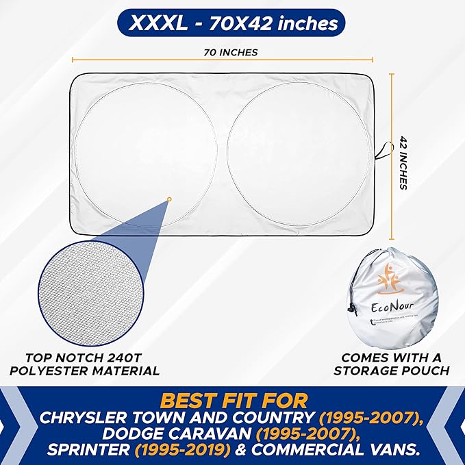EcoNour Foldable Car Windshield Sunshade | Sun Shade for Car Windows Blocks UV Rays and Keeps The Heat Out | Foldable Essential Accessory for Enhanced Comfort XXX-Large (70 x 42 inches)