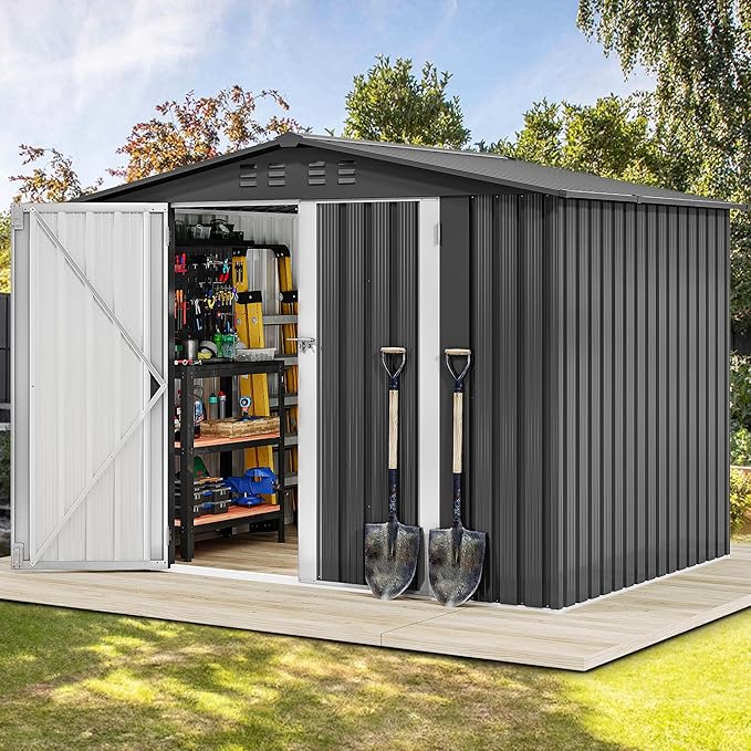DWVO 8x6FT Outdoor Storage Shelter, Roomy Steel Tool Shed with Secure Entrances & Air Circulation for Patio, Lawn, and Backyard, Ideal for Storing Garden Gear, Lawn Tools, and Bikes, Dark Gray