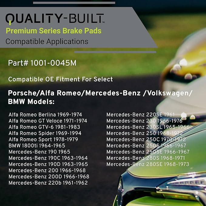 Premium Semi-Metallic Front Brake Pads (1001-0045M) Compatible with 1961-1994 Alfa Romeo/BMW/Mercedes-Benz/Porsche/Volkswagen (220SE/230/230SL/250/250C/250S/250SE/300D/300SE/911/930)
