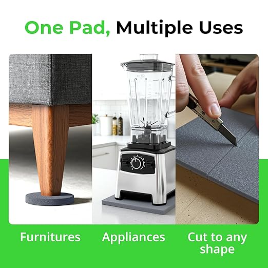 XCEL Set of 4 Gray Multi-Purpose Anti-Vibration Pads with Self Adhesive – Protection for Furniture & Appliances – Closed Cell Foam Rubber Pad, 12” x 12” x ¼”