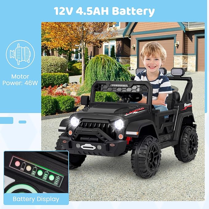 Costzon Kids Ride on Truck, 12V Electric Ride on Car with Remote Control, 3 Speed & Spring Suspension, Wireless Connection, USB, Music, Light, Kids Ride on Toys for Boys Girls (Black)