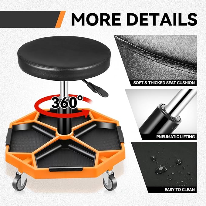 Auto Dynasty Mechanic Stool, Adjustable Rolling Pneumatic Creeper Garage Shop Seat with Tool Tray, 300 LBS Roller Seat for Workshop Auto Repair, Adjustable Height 15.7" to 21", Orange