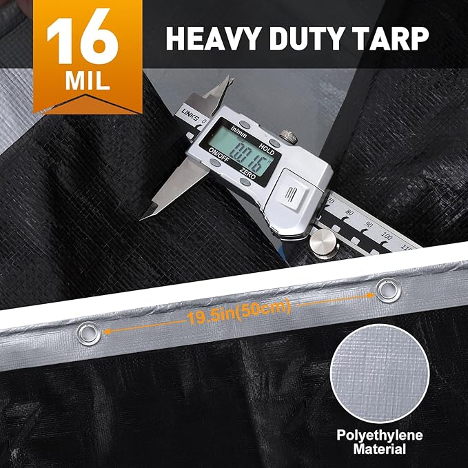 AROIC 10x20FT Heavy Duty Tarps, Waterproof 16 Mil Thick Camping Tarp with 15x17 Weave, Large Waterproof Tarp Tear Resistant UV Resistant Multipurpose Protective Cover for Tent Car Roof Boat