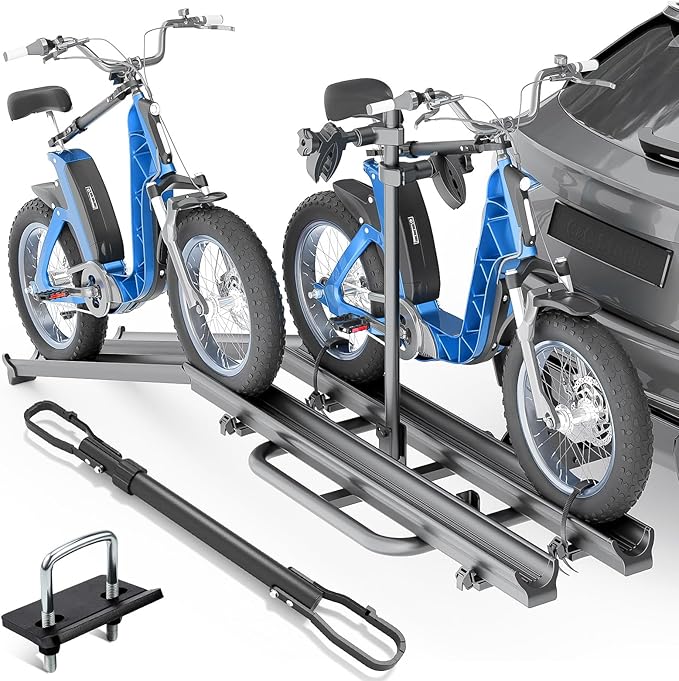 200 LBS Capacity 2 EBike Rack with Cross Bar, 5" Fat Tire Carrier with Ramp, Lockable & Foldable Electric Bicycle Racks, Bike Racks Platform Fits 2" Standard Hitch for SUVs Cars Trucks Vans