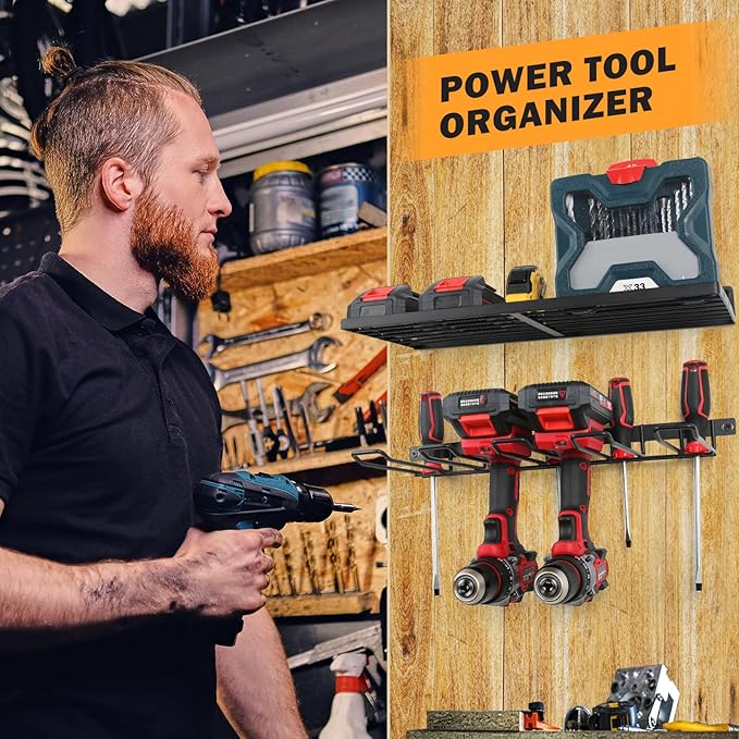 Power Tool Organizer Wall Mount, Cordless Drill Holder and Battery Shelf, Garage Tool Storage Heavy Duty Utility Rack for Tool Room, Workshop, Garage
