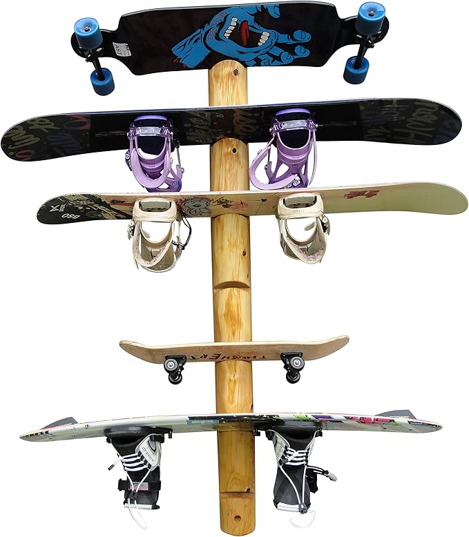 7-Place Wall-Mounted Snowboard Log Rack, Wakeboard Racks, Skateboard Holder Wall Mount, Vertical Snowboard Wall Mount Sport Storage for Garage, Skateboard Rack Walls, Wood Storage Racks - Natural