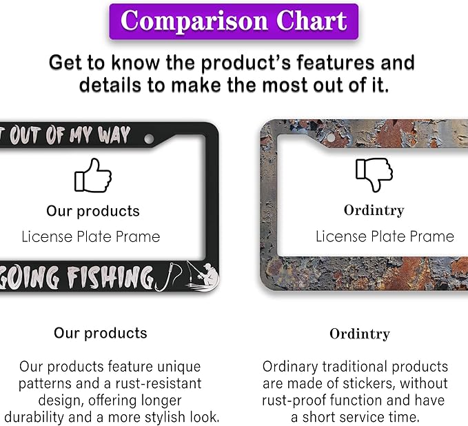 Car License Plate Frame Black and White License Plate Frames Get Out of My Way I'm Going Fish Aluminum Metal Car Accessory 2 Pack with Screw Covers Set
