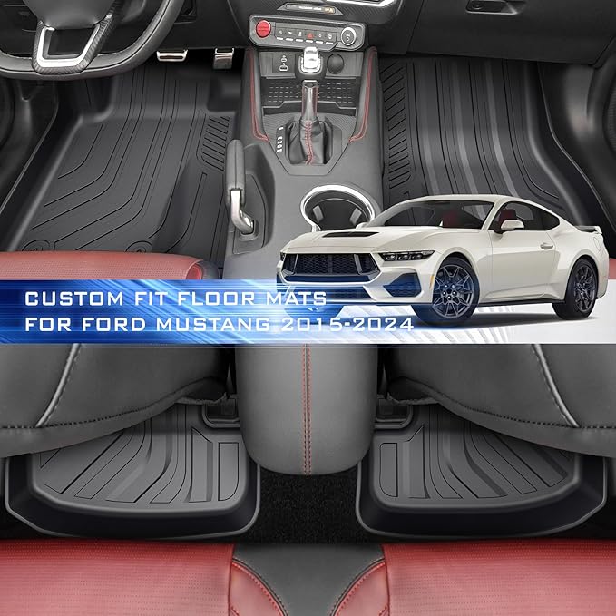 All Weather Floor Mats for Ford Mustang 2015-2017 2018-2024,Cover Protection Waterproof Black Floor Liner Front & Rear Row Full Set Car Mats Accessories for Ford Mustang 2022 2023 2024,Anti-Slip