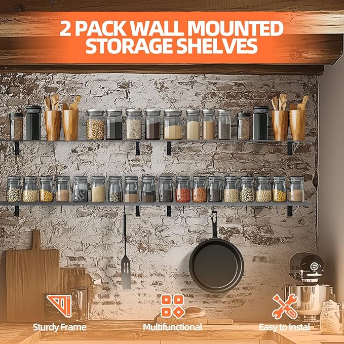 2-Pack 2x6ft Garage Wall Shelf, 72 inch Floating Shelf with 8 Bike Hooks, 1200 lbs Load Capacity Storage Shelves, Heavy Duty Metal Wall Mounted Shelves for Kitchen Laundry Workplace